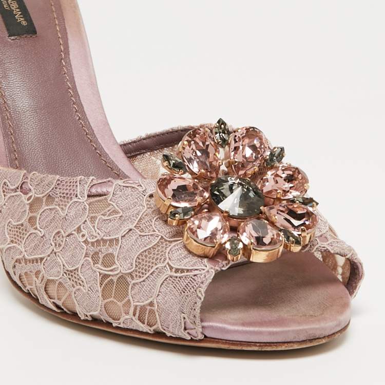 Pre Owned Dolce & Gabbana Purple Lace Crystal Embellished Slide Sandals Size 41