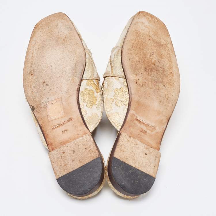 Pre Owned Dolce & Gabbana Gold Brocade Fabric Logo Slide Mules Size 36.5