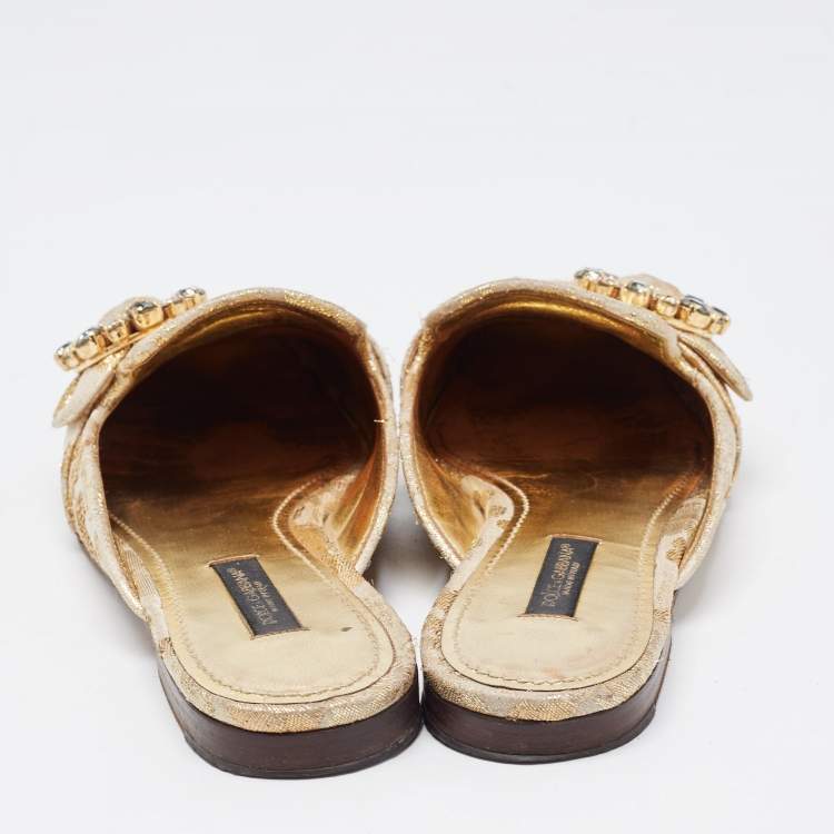 Pre Owned Dolce & Gabbana Gold Brocade Fabric Logo Slide Mules Size 36.5
