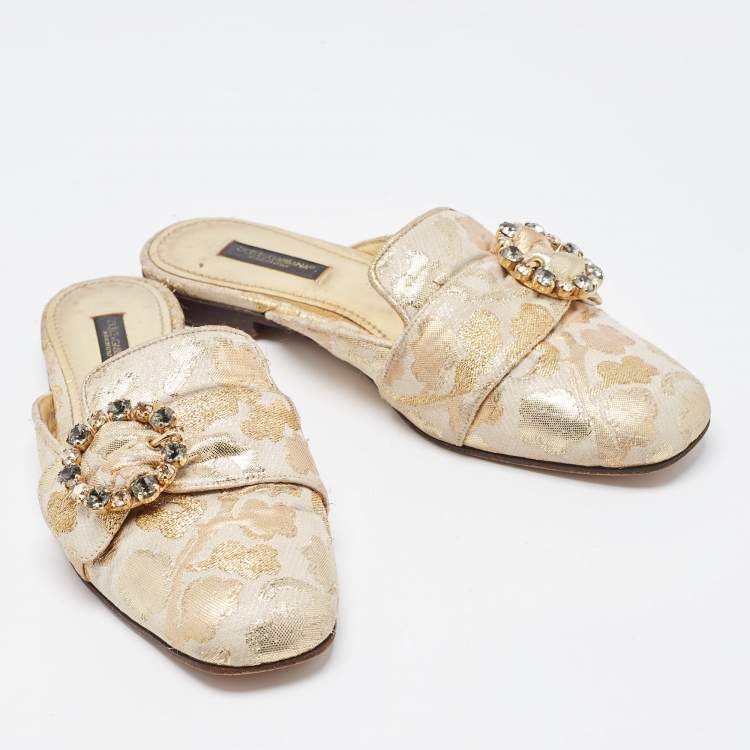 Pre Owned Dolce & Gabbana Gold Brocade Fabric Logo Slide Mules Size 36.5
