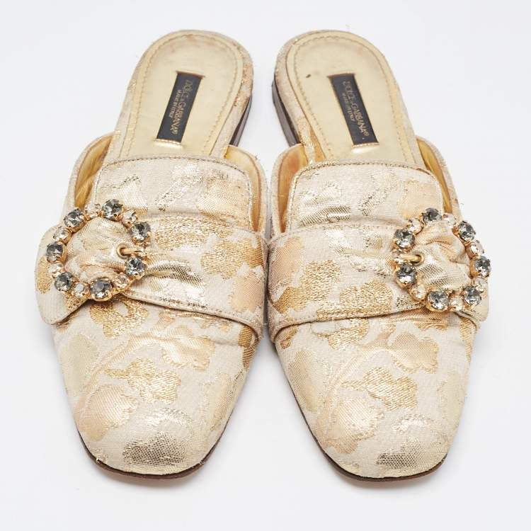 Pre Owned Dolce & Gabbana Gold Brocade Fabric Logo Slide Mules Size 36.5