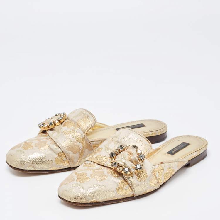 Pre Owned Dolce & Gabbana Gold Brocade Fabric Logo Slide Mules Size 36.5