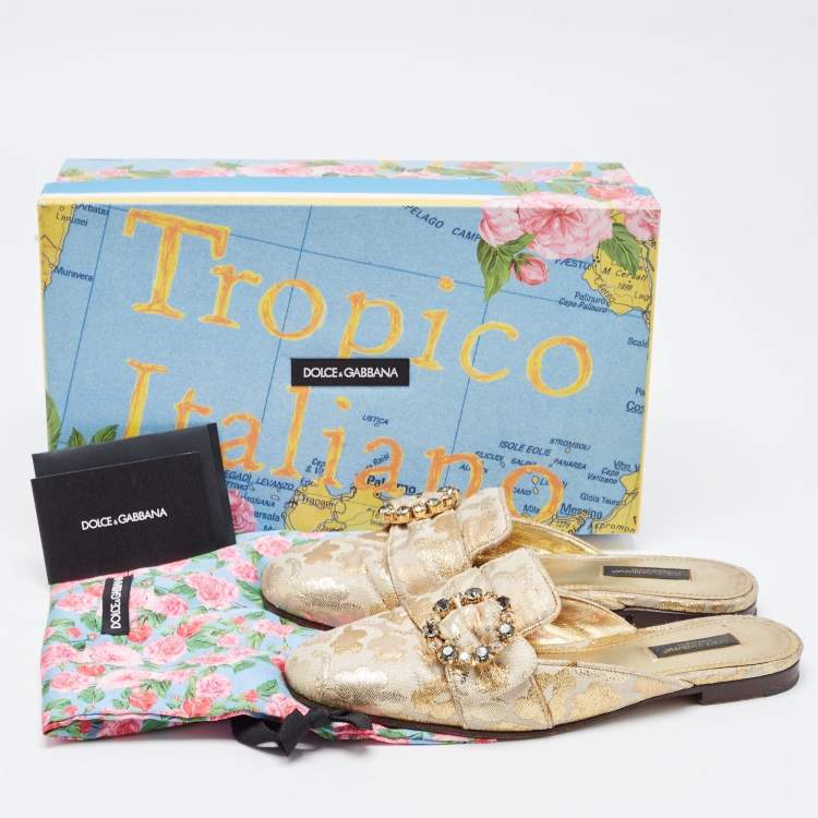 Pre Owned Dolce & Gabbana Gold Brocade Fabric Logo Slide Mules Size 36.5