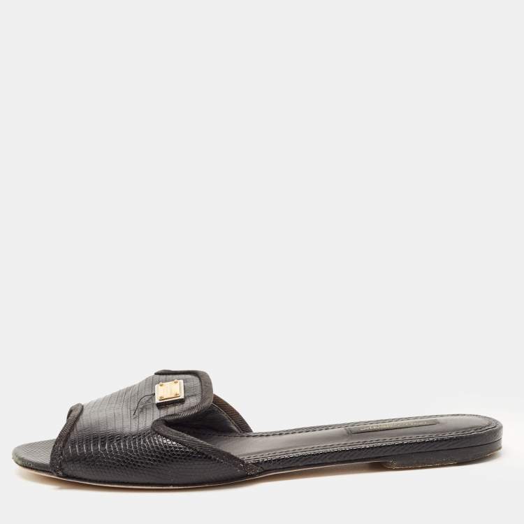 Pre Owned Dolce & Gabbana Black Lizard Embossed Leather Sofia Slides Size 38