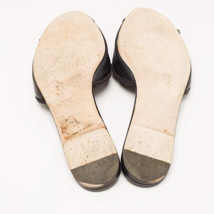 Pre Owned Dolce & Gabbana Black Lizard Embossed Leather Sofia Slides Size 38