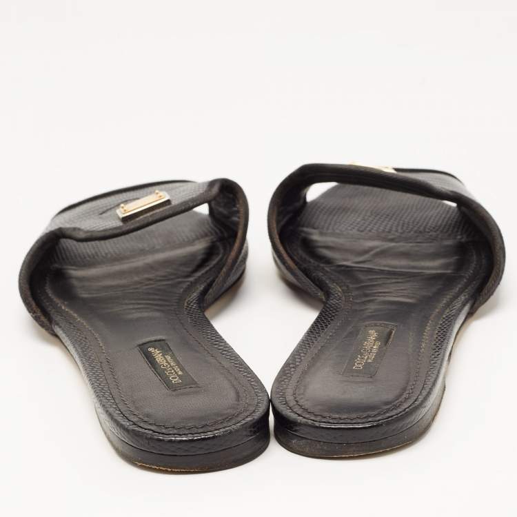 Pre Owned Dolce & Gabbana Black Lizard Embossed Leather Sofia Slides Size 38