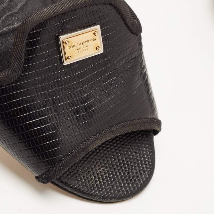 Pre Owned Dolce & Gabbana Black Lizard Embossed Leather Sofia Slides Size 38