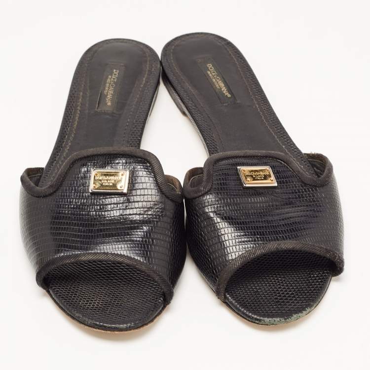 Pre Owned Dolce & Gabbana Black Lizard Embossed Leather Sofia Slides Size 38