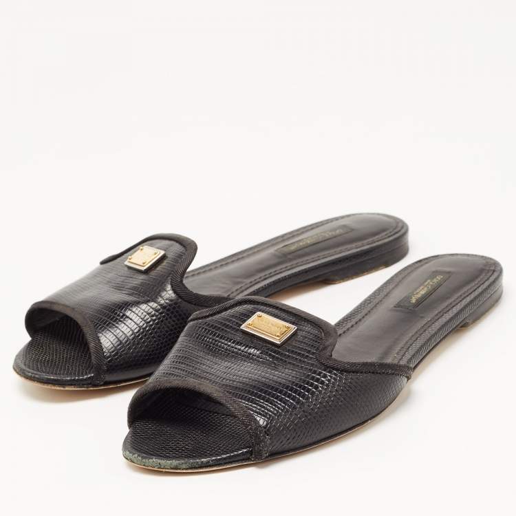 Pre Owned Dolce & Gabbana Black Lizard Embossed Leather Sofia Slides Size 38