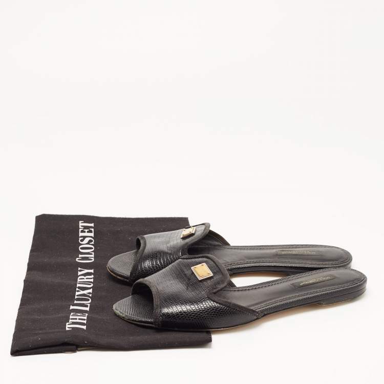 Pre Owned Dolce & Gabbana Black Lizard Embossed Leather Sofia Slides Size 38