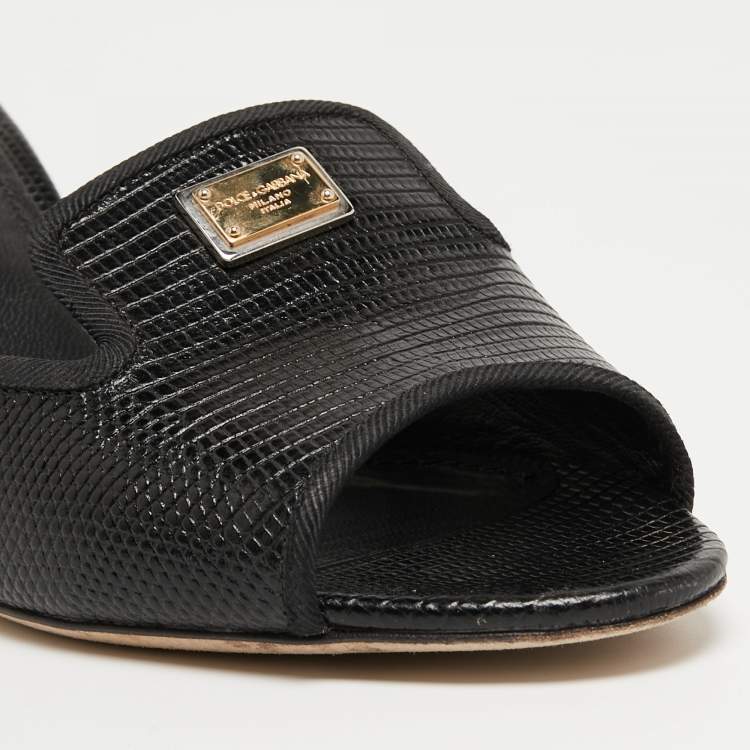 Pre Owned Dolce & Gabbana Black Lizard Embossed Leather Block Heel Mules Size 37.5