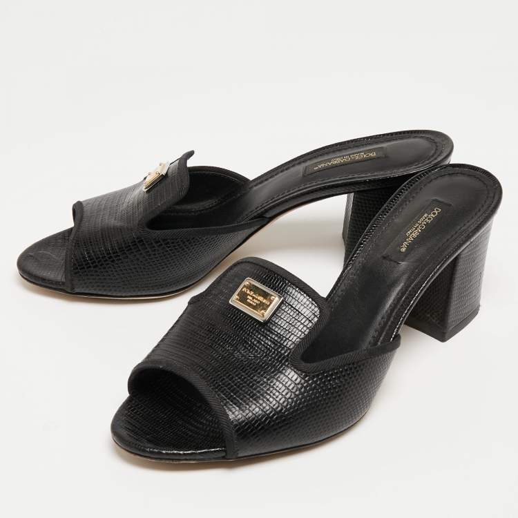 Pre Owned Dolce & Gabbana Black Lizard Embossed Leather Block Heel Mules Size 37.5