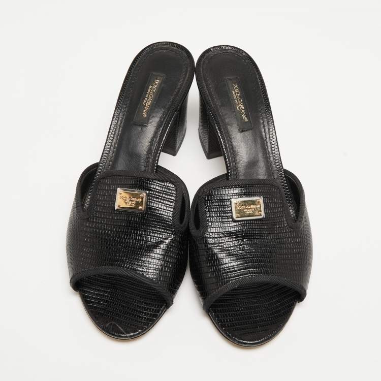Pre Owned Dolce & Gabbana Black Lizard Embossed Leather Block Heel Mules Size 37.5