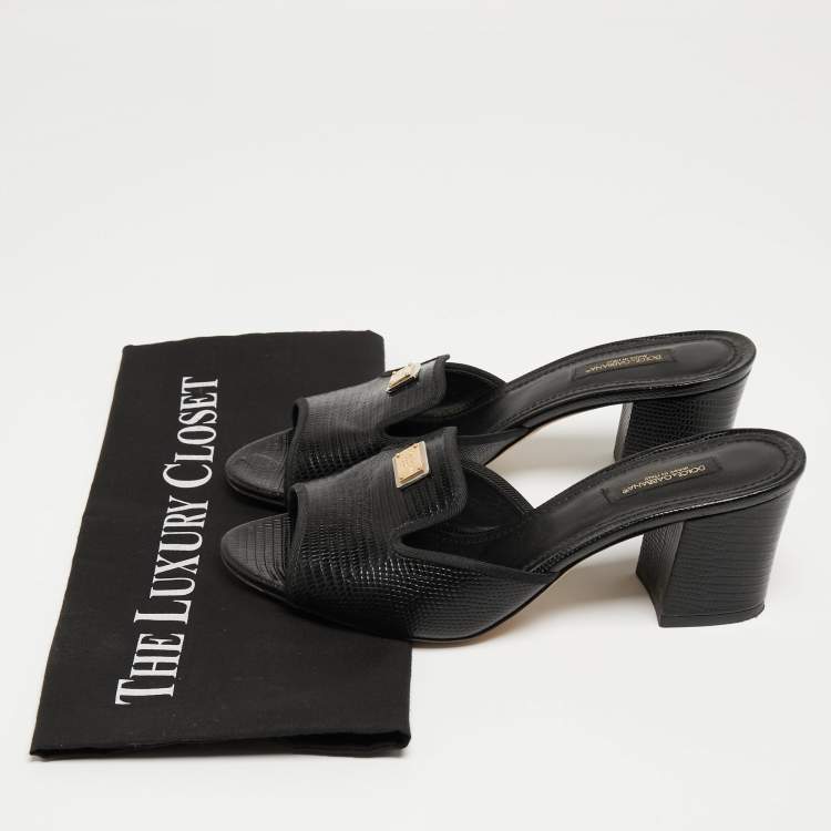 Pre Owned Dolce & Gabbana Black Lizard Embossed Leather Block Heel Mules Size 37.5
