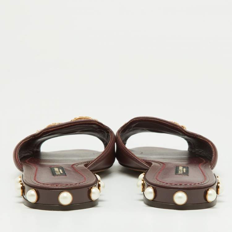 Pre Owned Dolce & Gabbana Burgundy Leather DG Amore Logo Embellished Flat Slides Size 37