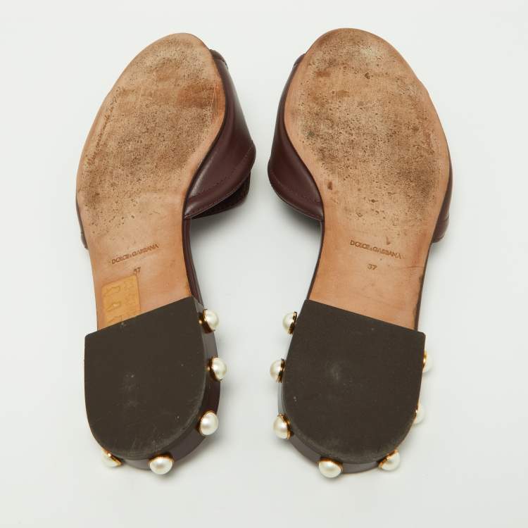 Pre Owned Dolce & Gabbana Burgundy Leather DG Amore Logo Embellished Flat Slides Size 37