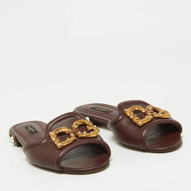 Pre Owned Dolce & Gabbana Burgundy Leather DG Amore Logo Embellished Flat Slides Size 37