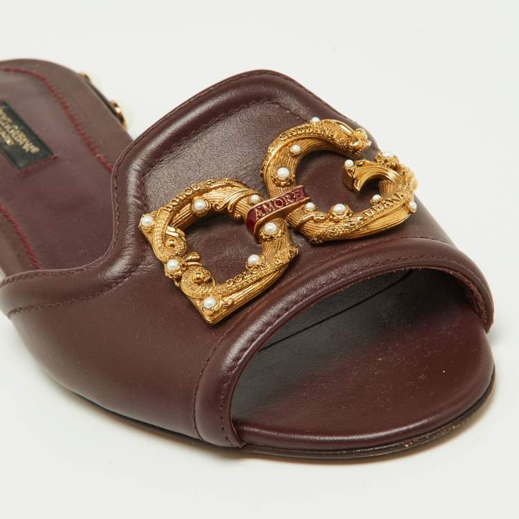 Pre Owned Dolce & Gabbana Burgundy Leather DG Amore Logo Embellished Flat Slides Size 37