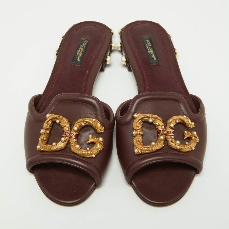 Pre Owned Dolce & Gabbana Burgundy Leather DG Amore Logo Embellished Flat Slides Size 37