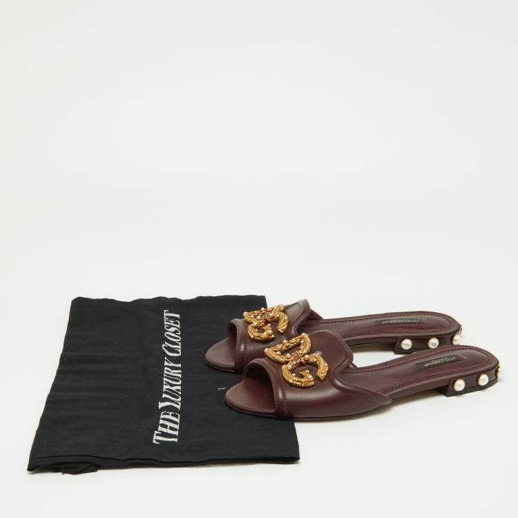 Pre Owned Dolce & Gabbana Burgundy Leather DG Amore Logo Embellished Flat Slides Size 37