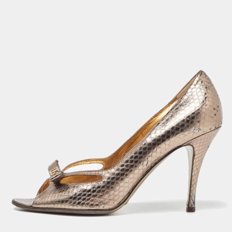 Pre Owned Dolce & Gabbana Metallic Embossed Snakeskin Open Toe Pumps Size 37.5