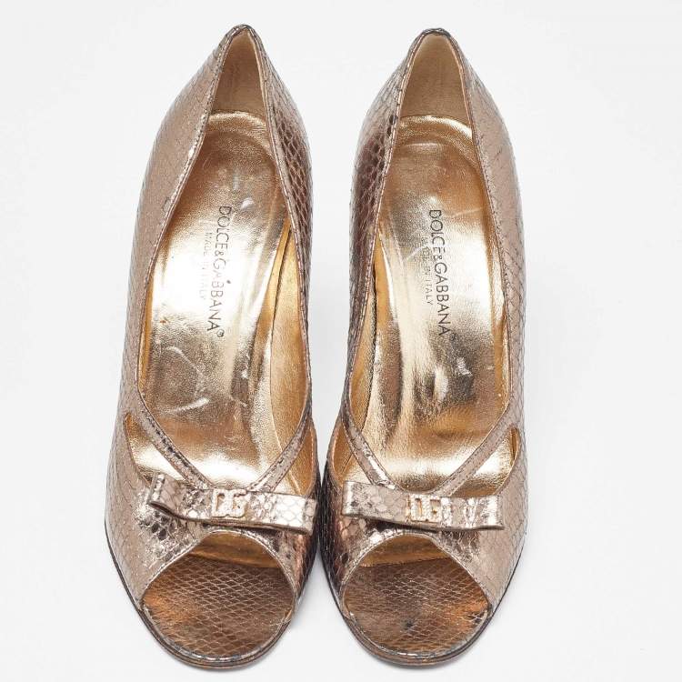Pre Owned Dolce & Gabbana Metallic Embossed Snakeskin Open Toe Pumps Size 37.5