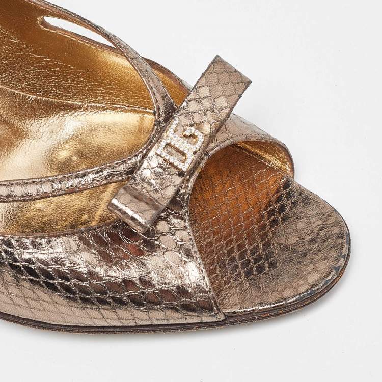 Pre Owned Dolce & Gabbana Metallic Embossed Snakeskin Open Toe Pumps Size 37.5