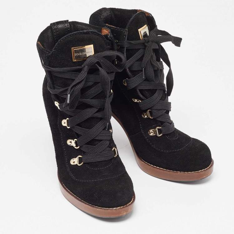 Pre Owned Dolce & Gabbana Black Suede Lace Up Ankle Boots Size 38