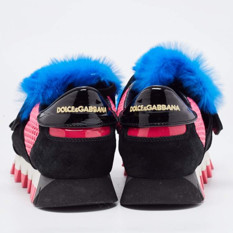 Pre Owned Dolce & Gabbana Tricolor Suede and Mink Fur Low Top Sneakers Size 40