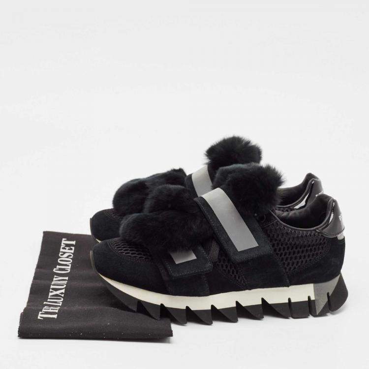 Pre Owned Dolce & Gabbana Black Mesh and Fur Low Top Sneakers Size 39