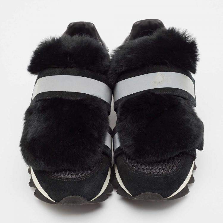 Pre Owned Dolce & Gabbana Black Mesh and Fur Low Top Sneakers Size 39