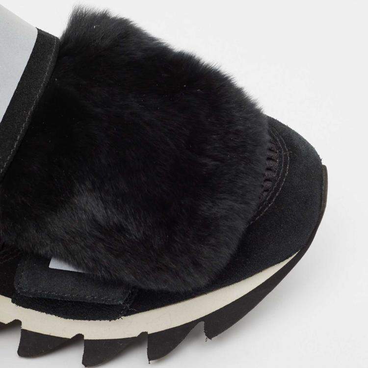 Pre Owned Dolce & Gabbana Black Mesh and Fur Low Top Sneakers Size 39