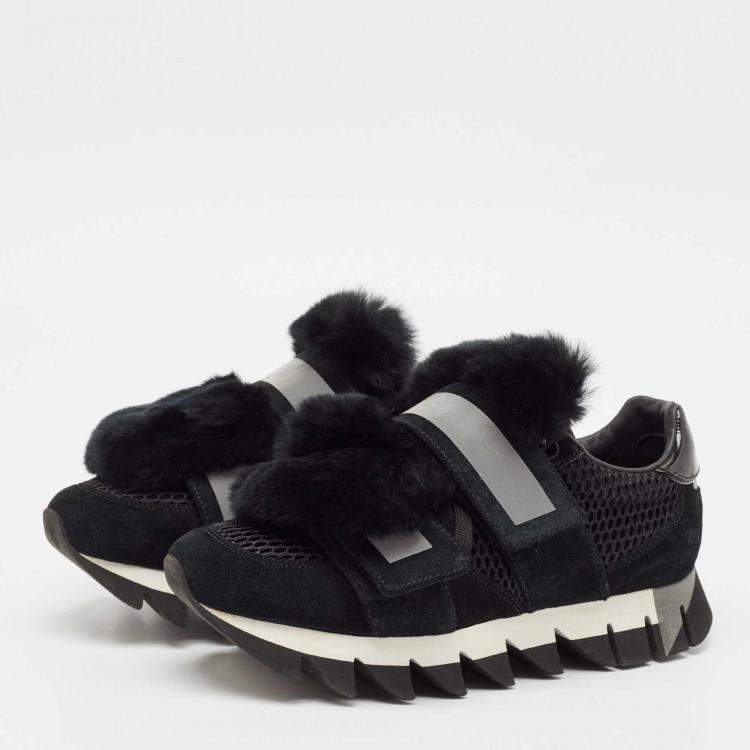 Pre Owned Dolce & Gabbana Black Mesh and Fur Low Top Sneakers Size 39
