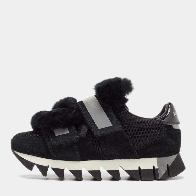 Pre Owned Dolce & Gabbana Black Mesh and Fur Low Top Sneakers Size 39