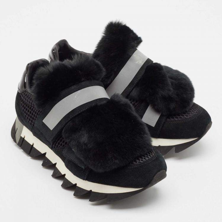 Pre Owned Dolce & Gabbana Black Mesh and Fur Low Top Sneakers Size 39