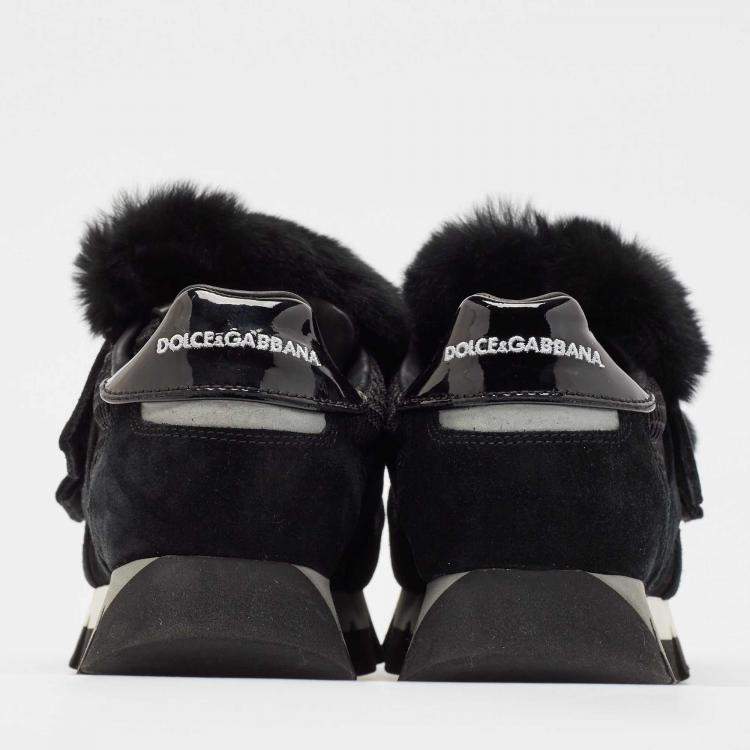 Pre Owned Dolce & Gabbana Black Mesh and Fur Low Top Sneakers Size 39