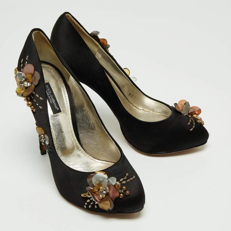 Pre Owned Dolce & Gabbana Black Satin Embellished Pumps Size 37