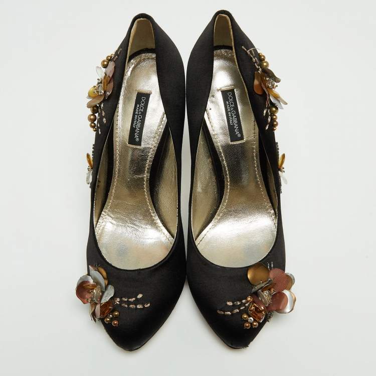 Pre Owned Dolce & Gabbana Black Satin Embellished Pumps Size 37