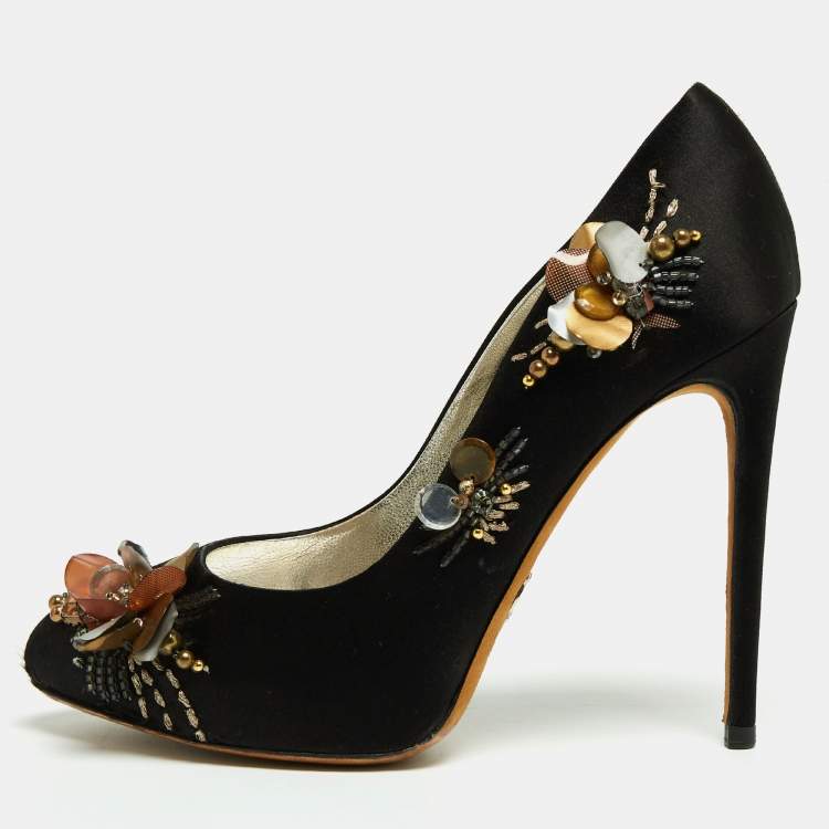 Pre Owned Dolce & Gabbana Black Satin Embellished Pumps Size 37