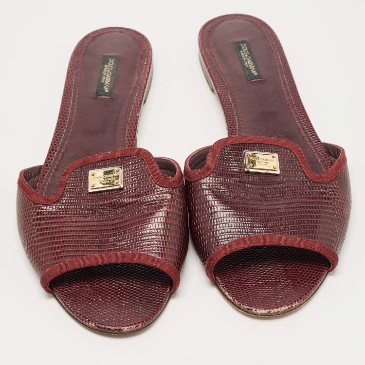 Pre Owned Dolce & Gabbana Burgundy Lizard Embossed Leather Flat Slides Size 40