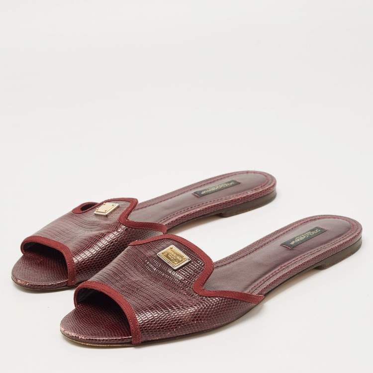 Pre Owned Dolce & Gabbana Burgundy Lizard Embossed Leather Flat Slides Size 40