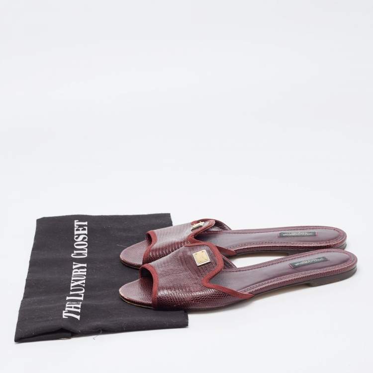 Pre Owned Dolce & Gabbana Burgundy Lizard Embossed Leather Flat Slides Size 40