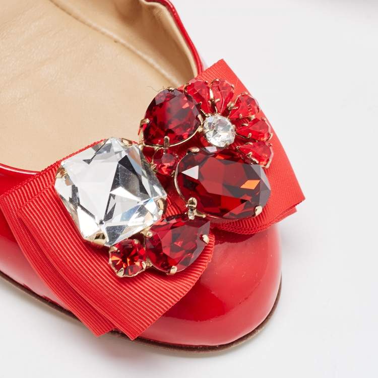 Pre Owned Dolce & Gabbana Red Patent Leather Crystal Embellished Bow Scrunch Ballet Flats Size 37