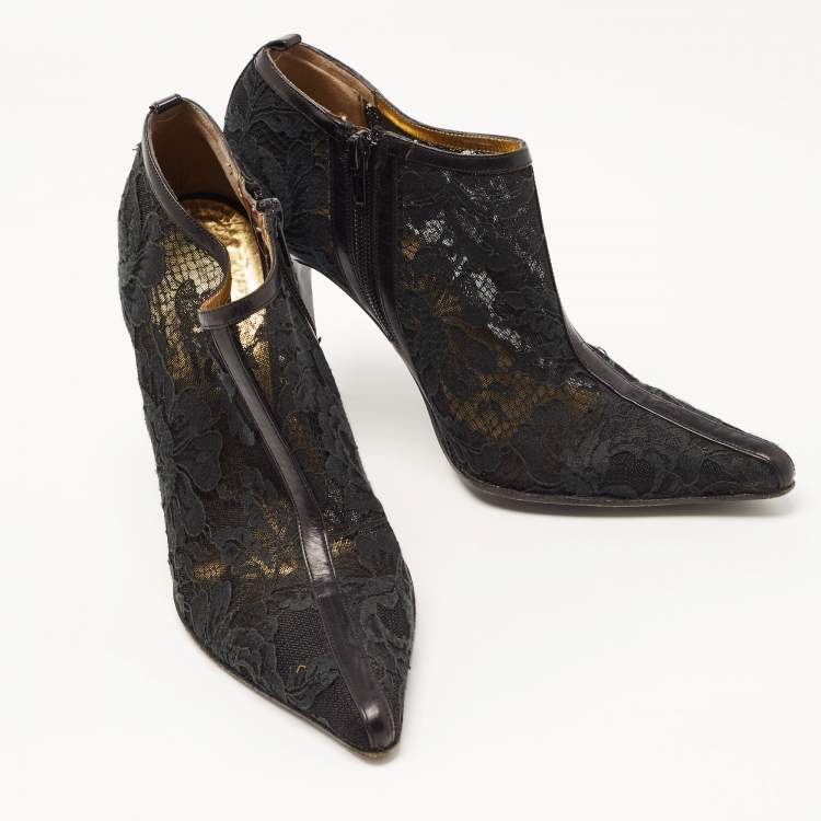 Pre Owned Dolce & Gabbana Black Lace Pointed Toe Ankle Boots Size 38