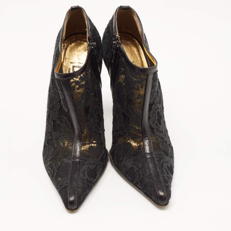 Pre Owned Dolce & Gabbana Black Lace Pointed Toe Ankle Boots Size 38