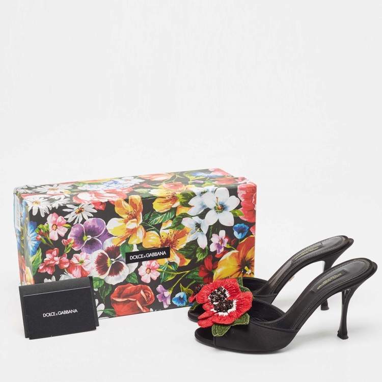 Pre Owned Dolce & Gabbana Black Satin Floral Applique Slide Sandals Size 37.5