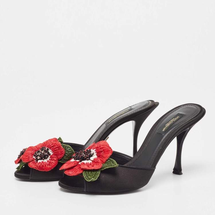 Pre Owned Dolce & Gabbana Black Satin Floral Applique Slide Sandals Size 37.5
