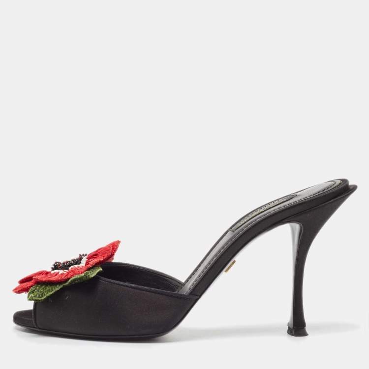 Pre Owned Dolce & Gabbana Black Satin Floral Applique Slide Sandals Size 37.5
