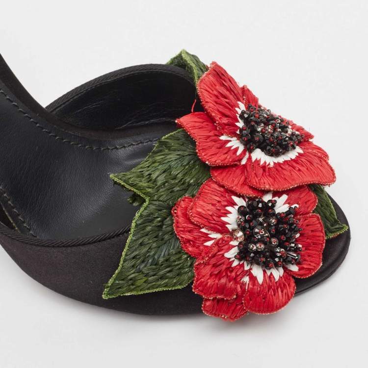 Pre Owned Dolce & Gabbana Black Satin Floral Applique Slide Sandals Size 37.5