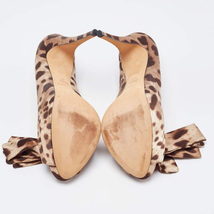 Pre Owned Dolce & Gabbana Brown/Beige Leopard Print Satin Bow Peep Toe Pumps Size 41
